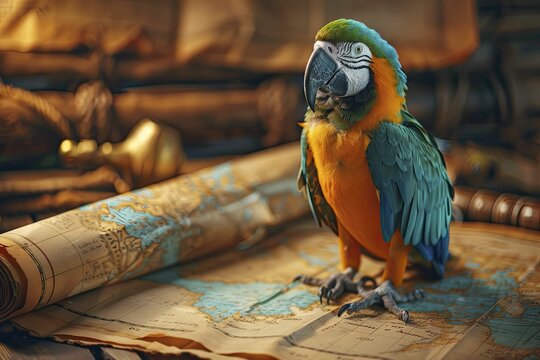 A daring 3D pirate parrot seeks gold and thrills against a treasure map backdrop.