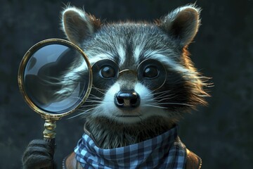 An inquisitive raccoon in 3D, holding a magnifying glass, explores a mysterious dark setting. - obrazy, fototapety, plakaty