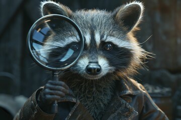 An inquisitive 3D raccoon examines a mystery-themed dark background with a magnifying glass in hand. - obrazy, fototapety, plakaty