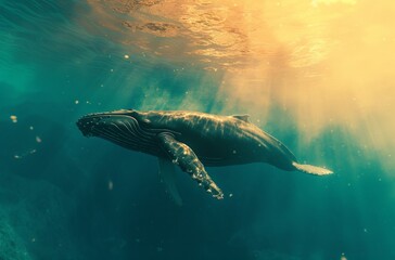 Tranquil underwater scene of a humpback whale gliding gracefully in sunlit waters, creating a serene imagery