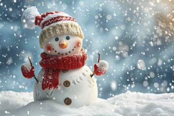 A cheerful 3D snowman in a winter wonderland joyfully celebrates the beauty of snow.