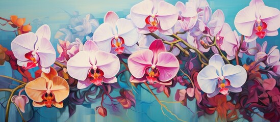 A painting featuring delicate pink and white orchid flowers set against a vibrant blue background. The blooms are elegantly displayed, showcasing the beauty of natures palette.