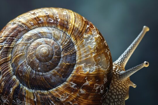 Capturing a snail shell up close reveals intricate spirals and textures set against a dark backdrop.