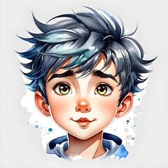 Mocha Marvel: Watercolor Portraits of a Cute Boy Character with Mocha Hair in Various Outfits.(Generative AI)