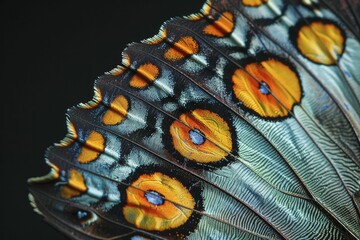 A butterfly wing's macro view reveals intricate patterns and vibrant colors against a dark backdrop.