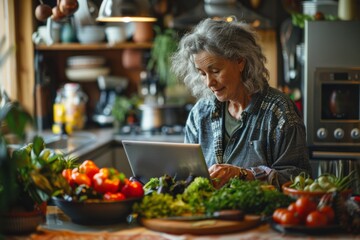 A relaxed mature woman looking for a recipe on laptop for cooking in a modern kitchen