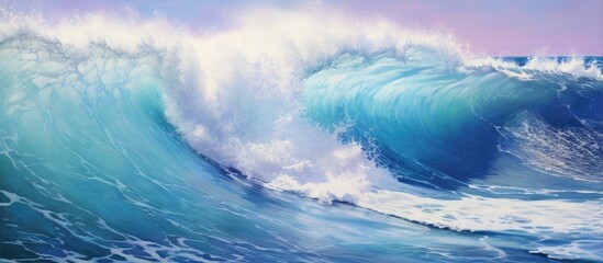 A large wave crashes violently in the ocean, creating a mesmerizing display of power and energy. The water foams and sprays as the wave curls and crests, showcasing the raw force of the sea.