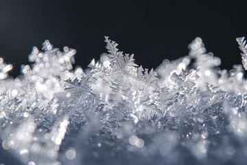 A captivating macro perspective of frost crystals, with their intricate structures gleaming against a dark backdrop.
