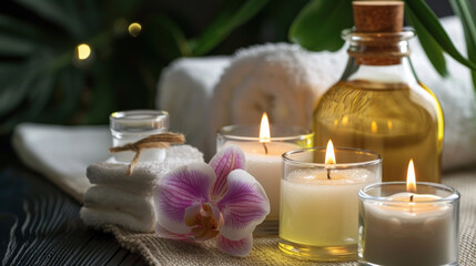 Obraz na płótnie Canvas Tranquil spa experience: aromatic oils and warm candlelight.