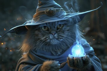 Mysterious 3D wizard cat casting spells on a mystical dark background, full of enchantment.