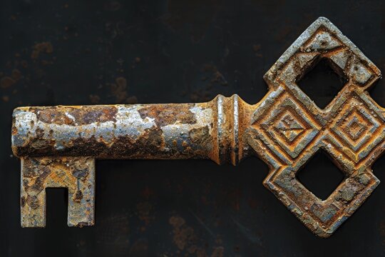 An old key's intricate design and rust details on a dark backdrop reveal a fascinating macro view.