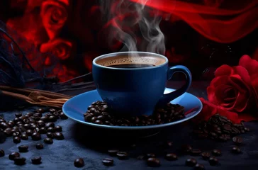 Papier Peint photo autocollant Bar a café Aromatic freshly brewed coffee in a blue cup with steam rising, surrounded by coffee beans and vibrant red roses