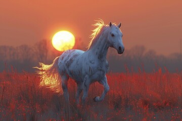 Obraz na płótnie Canvas Spirited 3D horse galloping on a sunset field background, embodying freedom and power.
