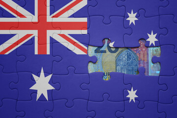 puzzle with the national flag of australia and euro banknote. finance concept