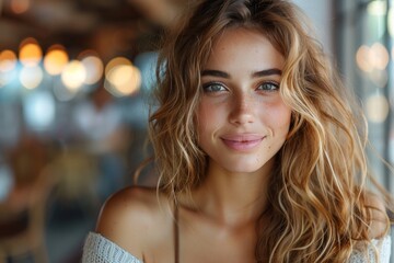Obraz premium A candid close-up of a young woman smiling, showcasing her natural beauty and freckles