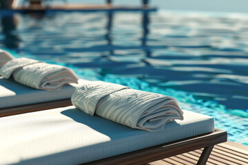 Luxurious poolside lounging with towels and clear water Generative AI image