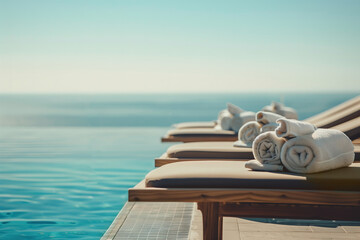 Serene Poolside Setting with Rolled Towels on Chairs Generative AI image