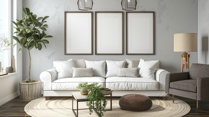 Cozy living room with white sofa and chocolate armchair