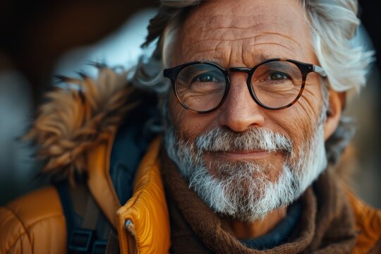 A mature, bearded man with spectacles and a warm jacket smiles softly while experiencing nature, exuding adventure and wisdom