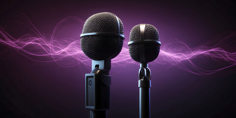 Microphone on stage with sound waves coming out of it, plain studio background, isolated on dark...