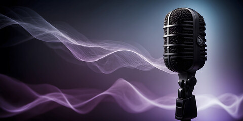 Microphone with sound waves coming out of it, plain studio background, as wide banner with copy...