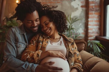 Black couple in a relaxed setting, with the pregnant woman resting her head on her partner's shoulder as he caresses her belly. - obrazy, fototapety, plakaty