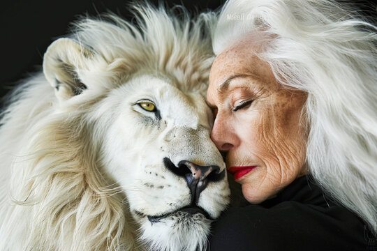 Intimate moment between elderly woman and white lion. Generative AI image