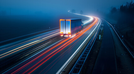 Fototapeta na wymiar Trucks on highway in night time. Motion blur, light trails. Transportation, logistic. Timelapse, hyperlapse of transportation. Abstract soft glowing lines