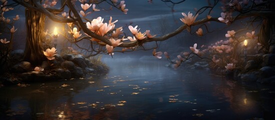 A river flows majestically through the scene, adorned with vibrant blossoms. The flowers, possibly Plumeria, add a striking contrast to the waters serene movement, creating a captivating sight.