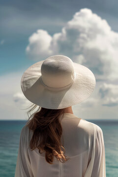 An tranquil image capturing anonymous woman gazing at the ocean, hidden under a wide-brimmed hat. Generative AI
