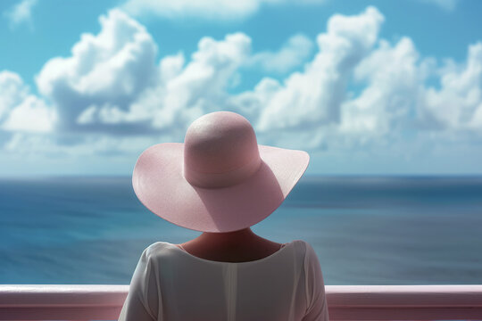 A contemplative scene of anonymous woman in a pastel hat, looking out over the sea from a balcony. Generative AI