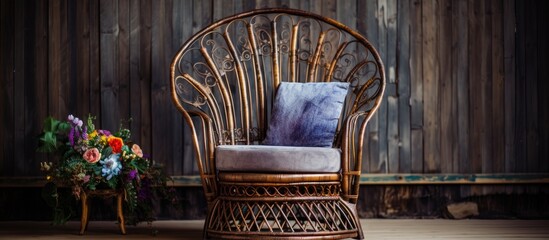 An antique wicker chair with intricate weaving details sits in a vintage wooden room, topped with a blue pillow. The setting exudes a sense of old-world charm and rustic elegance.