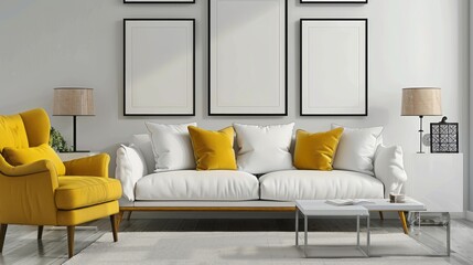 Home decor with the inviting contrast of a white sofa and yellow armchair in a living room adorned with blank posters on the wall