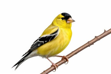 Obraz premium American goldfinch, full body, vibrant yellow plumage contrasting with black wings and cap, isolated against a pure white background, detailed texture of feathers, natural pose, high key lighting