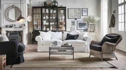 Timeless elegance home decor of a white sofa combined with a black armchair, with a blank poster background on the wall