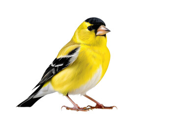 American goldfinch, full body, vibrant yellow plumage contrasting with black wings and cap, isolated against a pure white background, detailed texture of feathers, natural pose, high key lighting