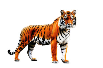 Obraz premium Bengal tiger standing, full body visible, isolated against a stark white background, coat displaying vibrant orange and black stripes, eyes locked forward conveying a sense of majesty and power