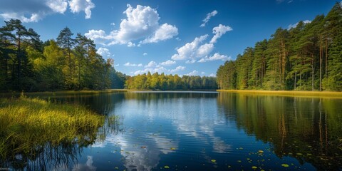 landscape with a lake surrounded by lush greenery. The water in the lake is calm and reflects the bright, blue sky with a few white clouds.