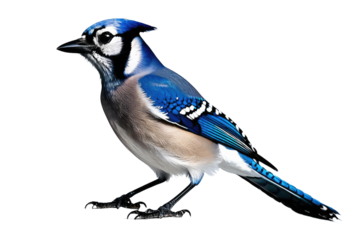 Blue jay stands full-bodied, isolated against a stark white background, feathers detailed in crisp focus, vibrant blue hues contrasted by its sleek black markings