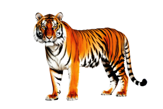 Bengal tiger standing, full body visible, isolated against a stark white background, coat displaying vibrant orange and black stripes, eyes locked forward conveying a sense of majesty and power