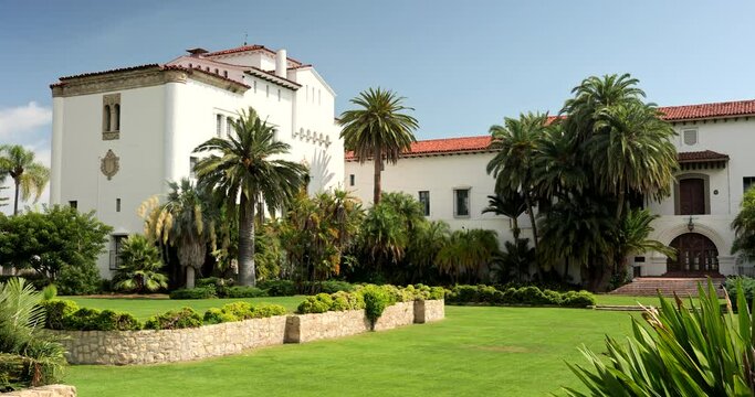Santa Barbara County Courthouse is a well known example of Spanish Colonial Revival architecture and is located in Santa Barbara, Santa Barbara County, California