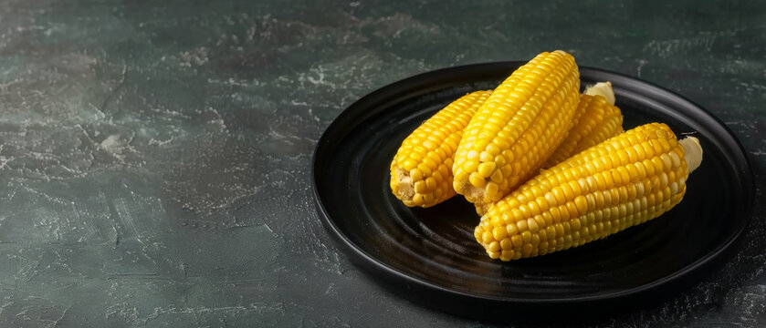 Fresh corn cobs on a dark slate plate. National Corn on the Cob Day, June 11. 