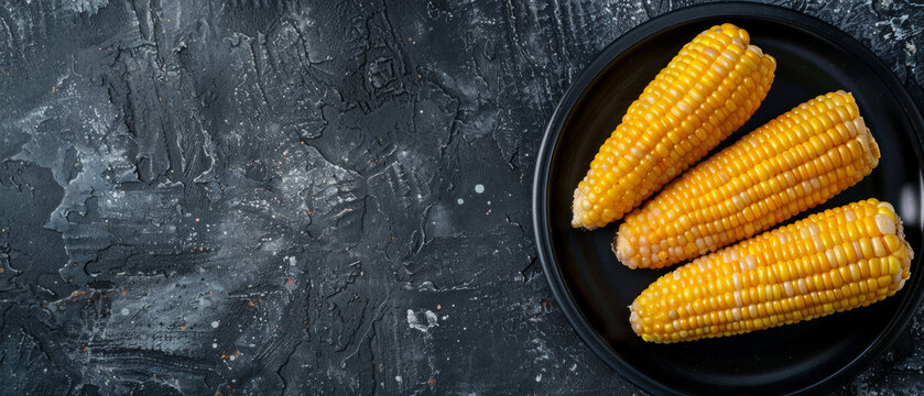 Fresh corn cobs on a dark slate plate. National Corn on the Cob Day, June 11. 