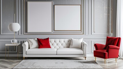 Living space with the timeless charm of a white sofa and red armchair, complemented by blank posters on the wall