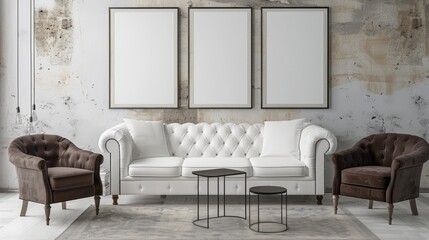 Fototapeta premium Living space with the timeless elegance of a white sofa and chocolate armchair, set against the backdrop of blank posters on the wall