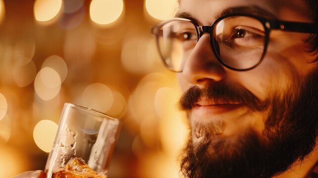 Man smiling with eyeglasses holding a whiskey glass, bokeh background