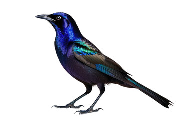 Fototapeta premium Common grackle bird, full body, high quality stock photograph, isolated on white background, feathers shimmering with iridescent purple and blue, yellow piercing eyes, natural light, ultra clear
