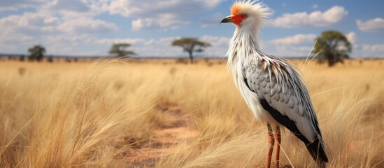 A large Secretary Bird is standing on top of a dry grass field. The bird is tall with long legs and distinctive feathers on its head. It is surveying its surroundings in the open savanna. - obrazy, fototapety, plakaty