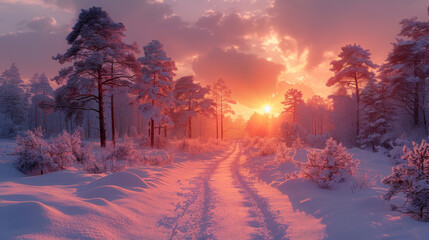 winter panorama landscape with forest, trees covered snow and sunrise. winterly morning of a new day. purple winter landscape with sunset, panoramic view.