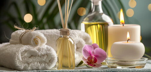 Tranquil spa experience: aromatic oils and warm candlelight.
